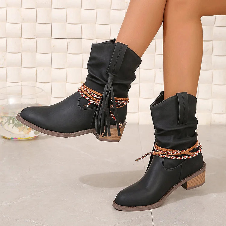 Braided Rope Tassel Decor Slouch Pointed Toe Chunky Heel Ankle Boots