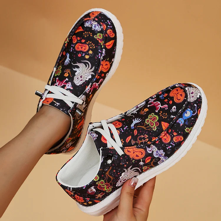 Halloween Element Pumpkin Ghost Skull Print Lace Up Canvas Casual Shoes