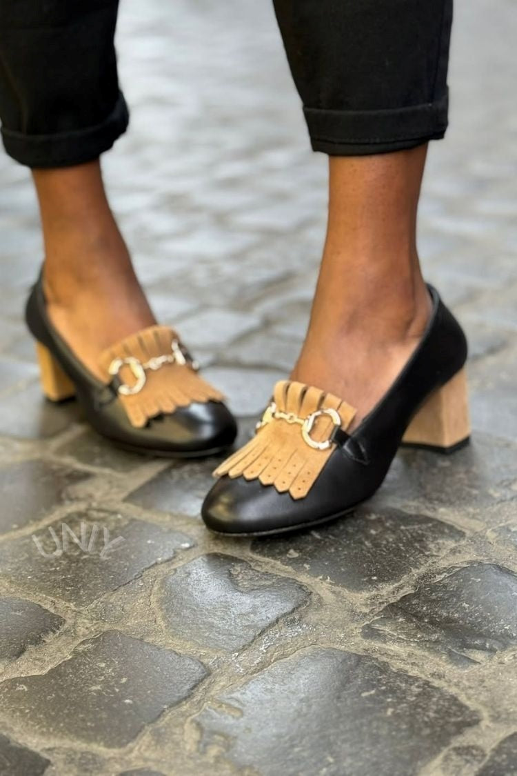 Solid Color Faux Suede Horsebit Fringe Versatile Block Heels [Pre Order]