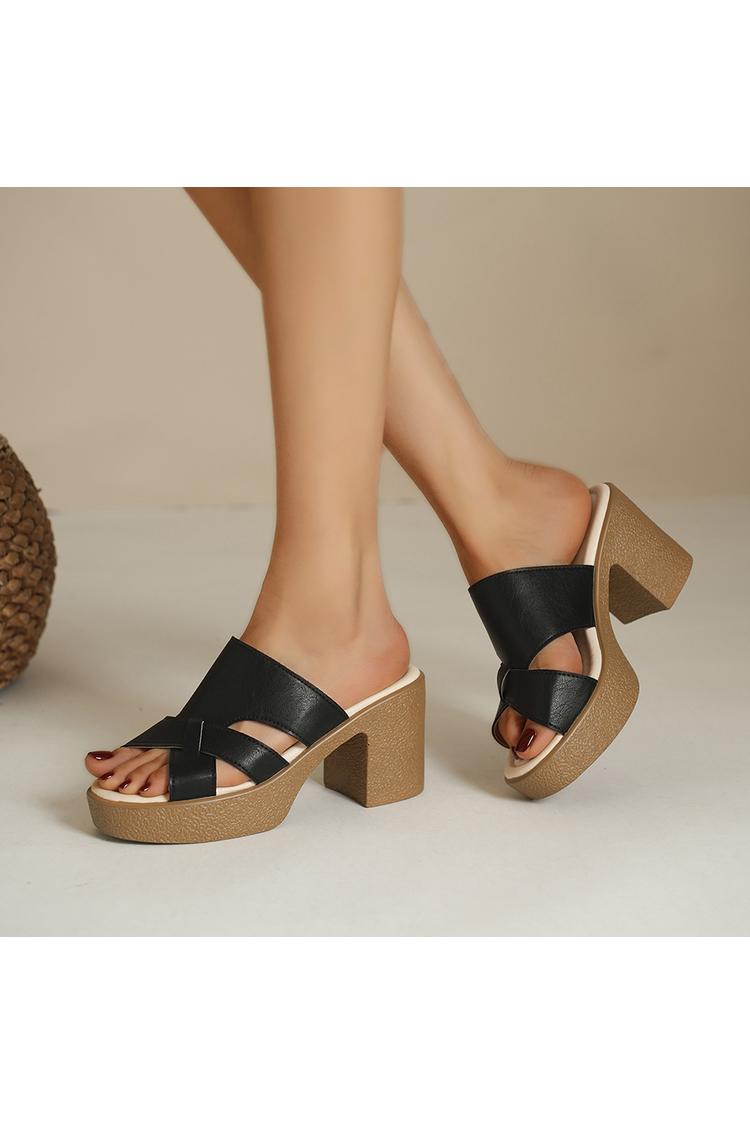 Sandali casual con tacco, punta tonda, tinta unita, con ritaglio irregolare