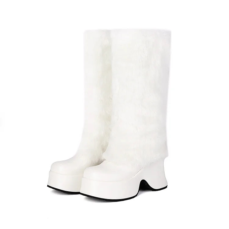 Faux Fur Trim Round Toe Chunky Heel Platform Long Boots