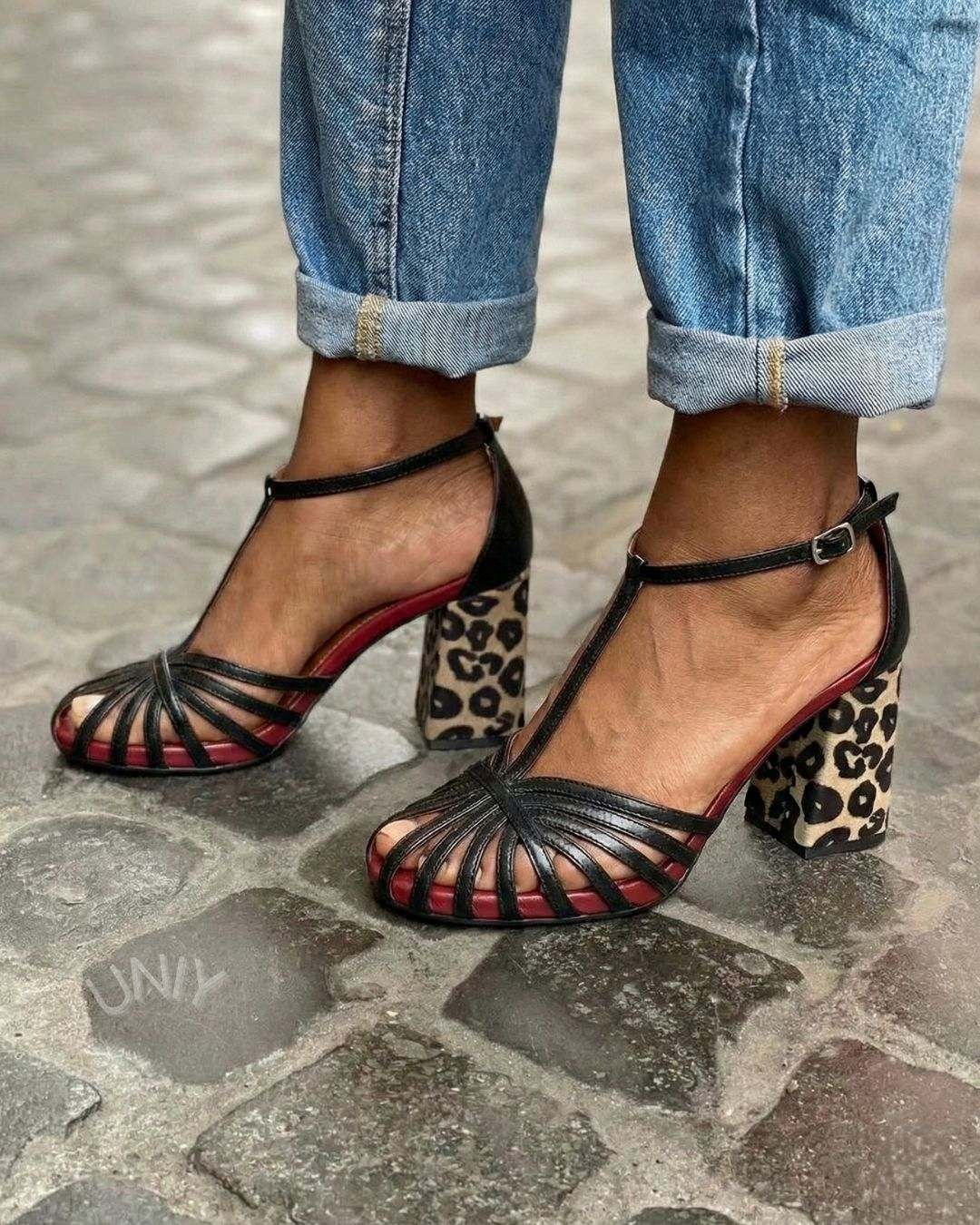 Classic Black Woven T-Strap Leopard Print Block Heel Sandals [Pre Order]