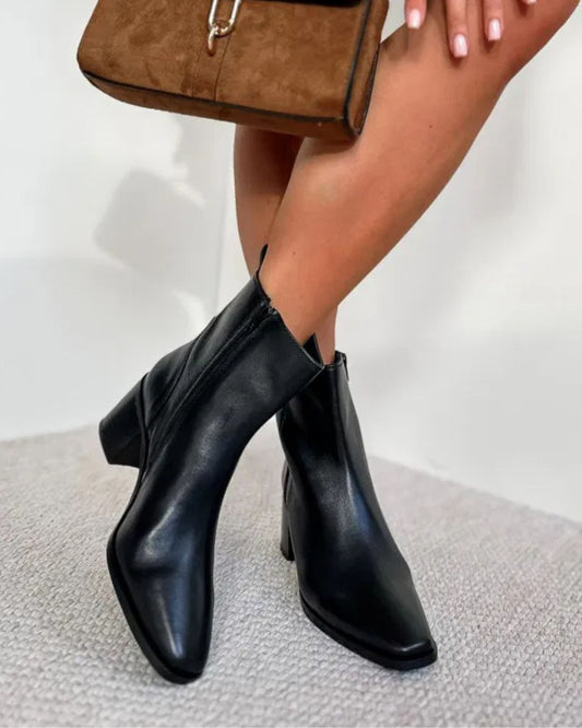 Black Pointed Toe Chunky Heel Side Zipper Ankle Boots [Pre Order]
