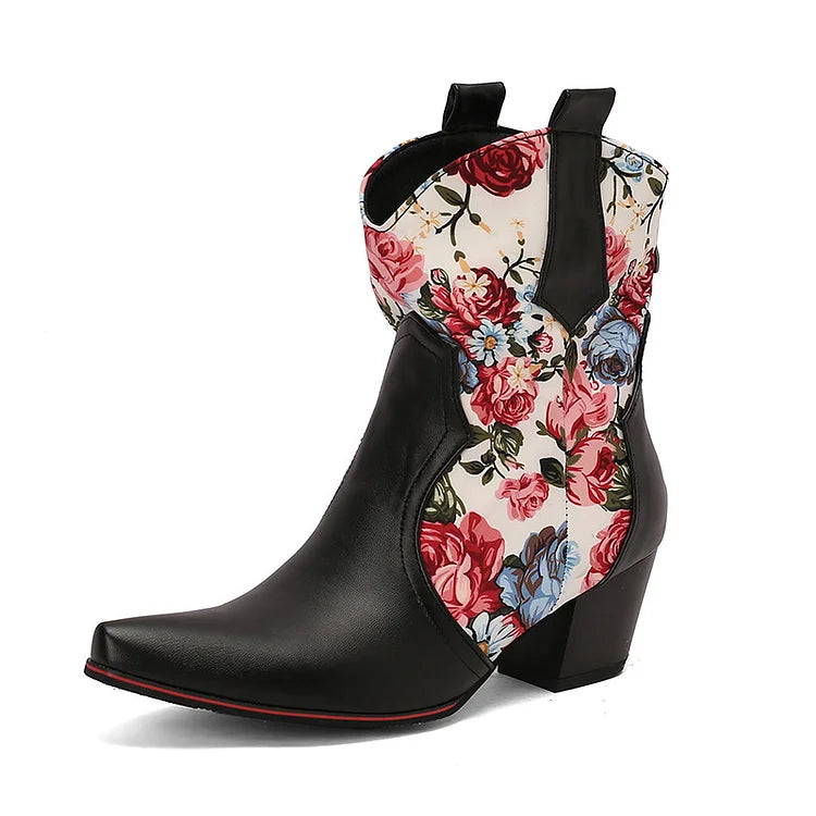 Patchwork-Stiefeletten mit Blumendruck und klobigem Absatz und spitzer Zehenpartie