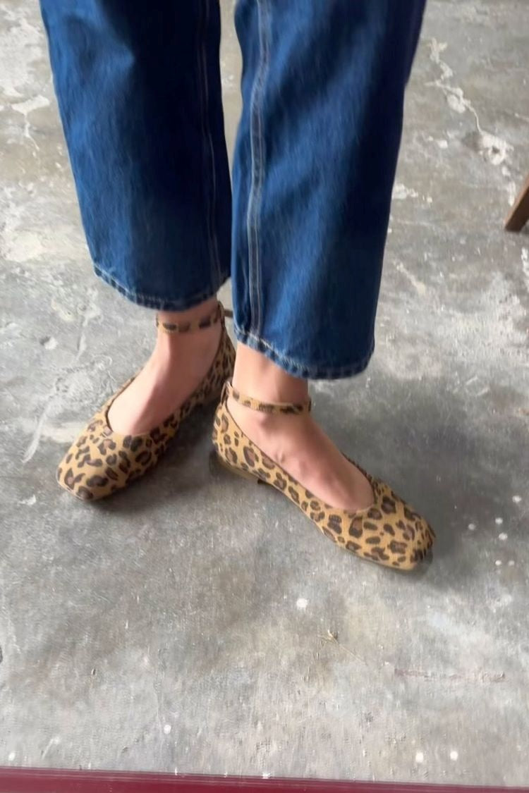Minimalist Versatile Leopard Print Square Toe Ankle Strap Flats [Pre Order]