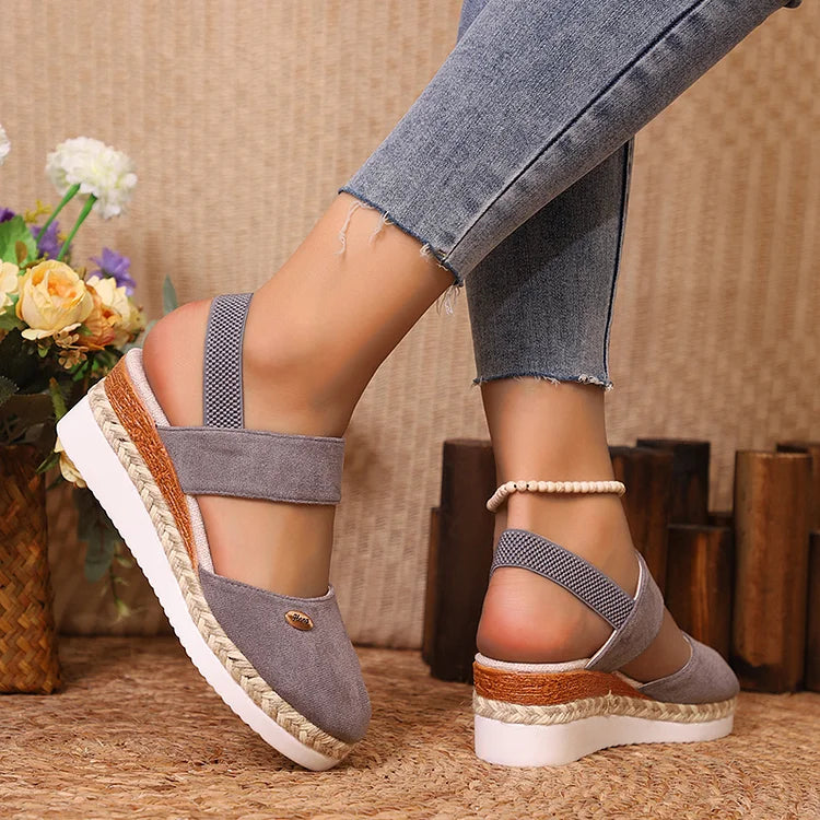 Metal Decor Slingback Strap Closed Toe Plain Espadrille Wedge Sandals