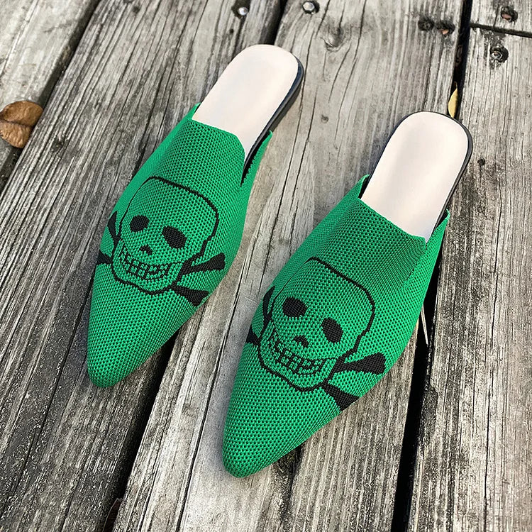 Casual Skull Print Pointy Toe Breathable Knit Mules