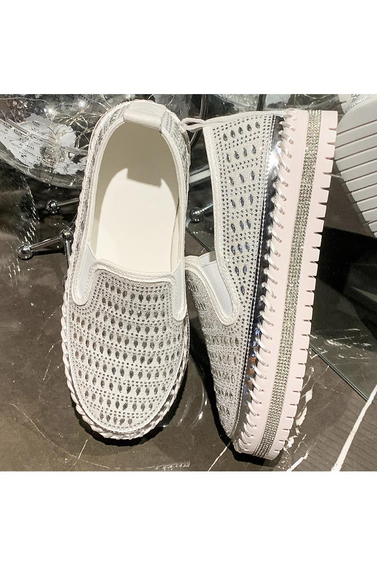 Strassverzierung Steppdetail Rundzehen Freizeit Plateau Loafers