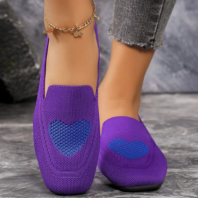 Heart Pattern Print Square Toe Slip On Knit Casual Flats