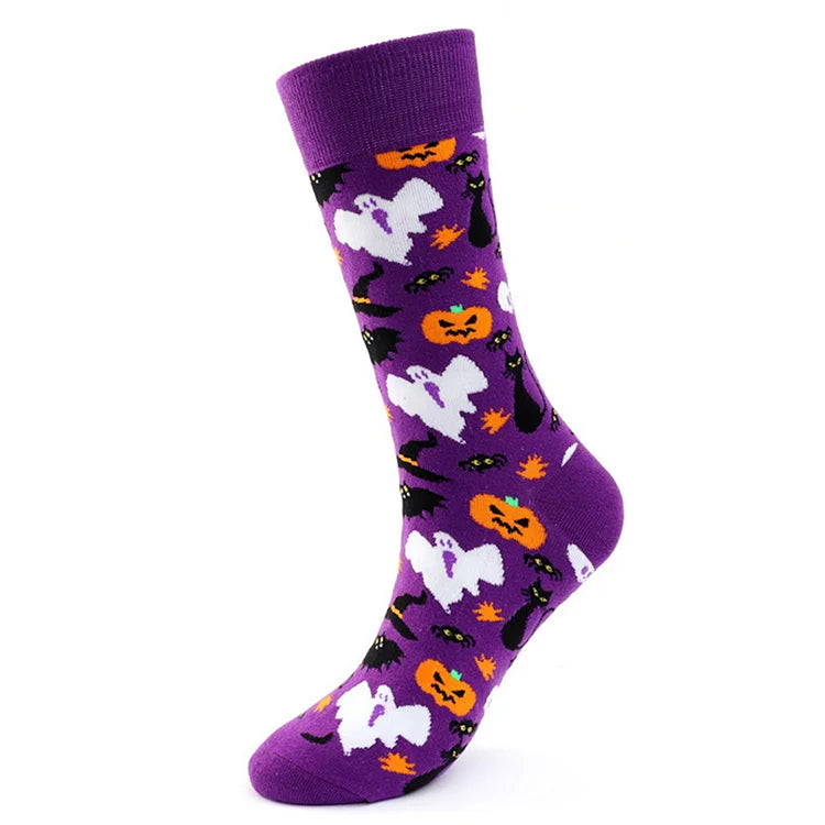 Calcetines de media pantorrilla con estampado de dibujos animados de araña, calavera y calabaza de fantasmas para Halloween 