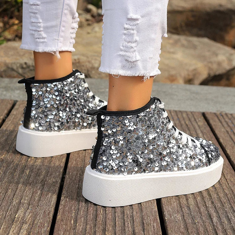 Glitter Sequins Lace Up Round Toe Fashion Casual Shoes