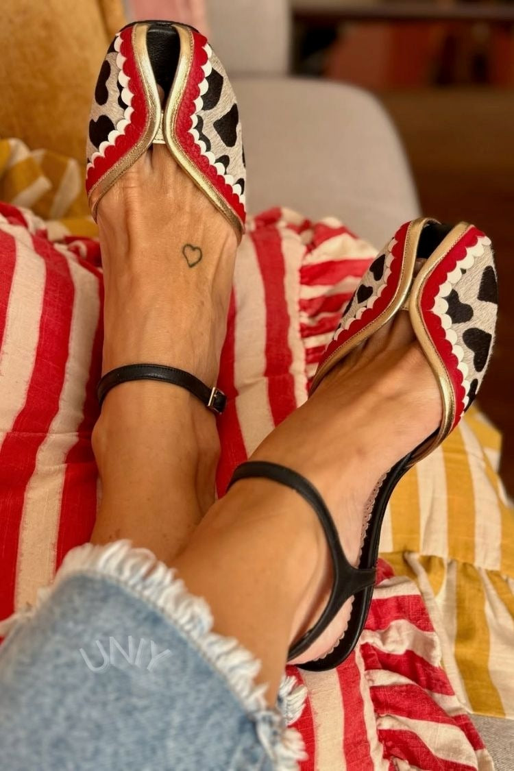 Cow Print Scalloped Edge Ankle Strap Peep Toe Heels [Pre Order]