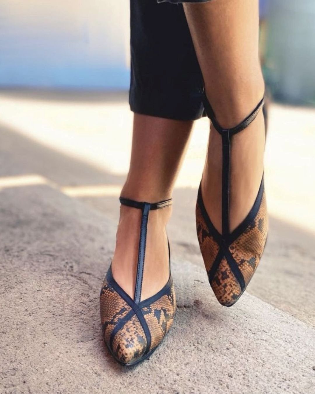 Schlangenprint Colorblock T-Riemchen Spitz zulaufende Zehen Niedrige Absätze [Vorbestellung]