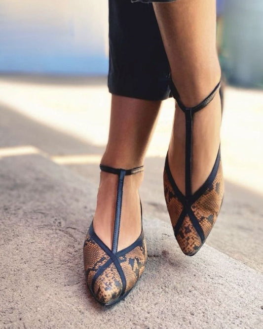 Schlangenprint Colorblock T-Riemchen Spitz zulaufende Zehen Niedrige Absätze [Vorbestellung]