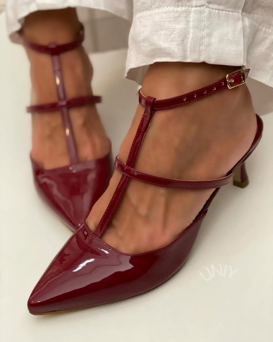Burgundy Patent Leather Pointed Toe T-Strap Kitten Heels [Pre Order]