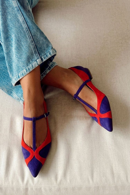 Colorblock Pointed Toe Faux Suede T-Bar Flats [Pre Order]