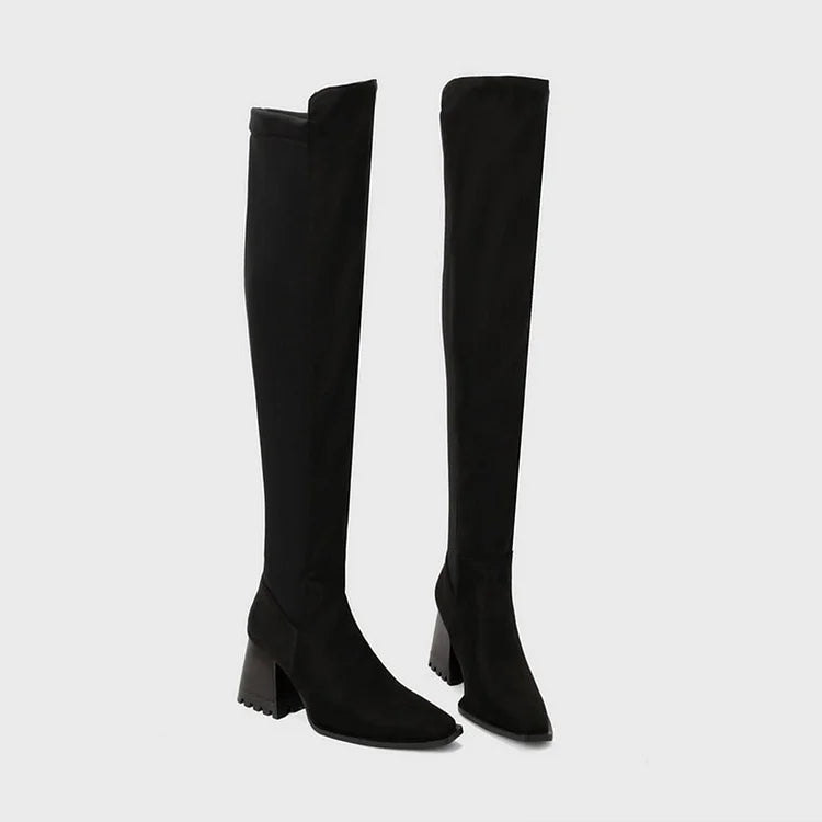 Colorblock Irregular Edge Pointed Toe Chunky Heel Over The Knee Boots