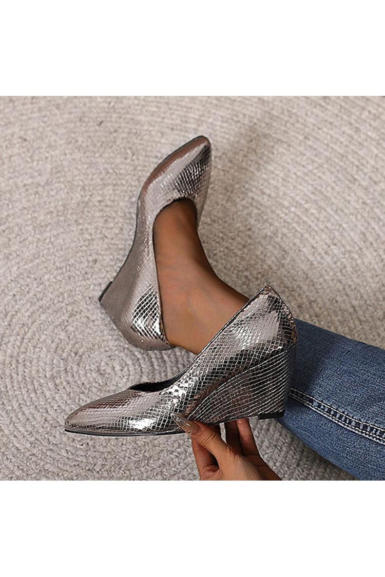 Scarpe con tacco a zeppa casual a punta con stampa serpente in tinta unita