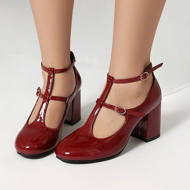 Solid Color Cross Strap Buckle Round Toe Chunky Heels