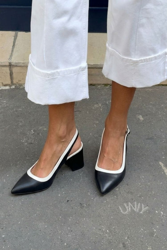 Elegant Two Tone Pointed Toe Slingback Chunky Heels [Pre Order]