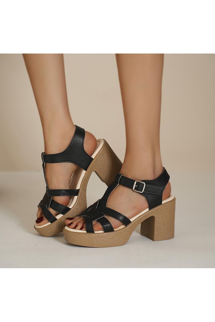 Sandali con tacco, punta tonda e fibbia, tinta unita, cinturino a T