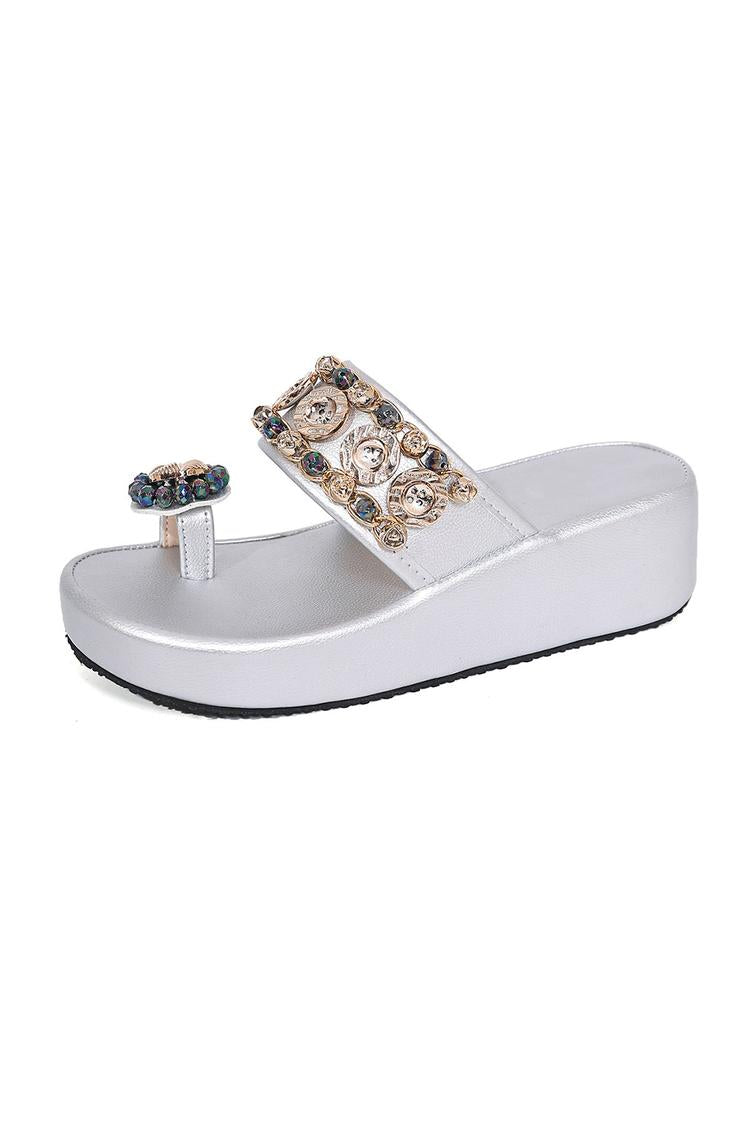 Ciabatte da spiaggia casual con zeppa, con perline metalliche lucide e decorazioni ad anello per le dita dei piedi