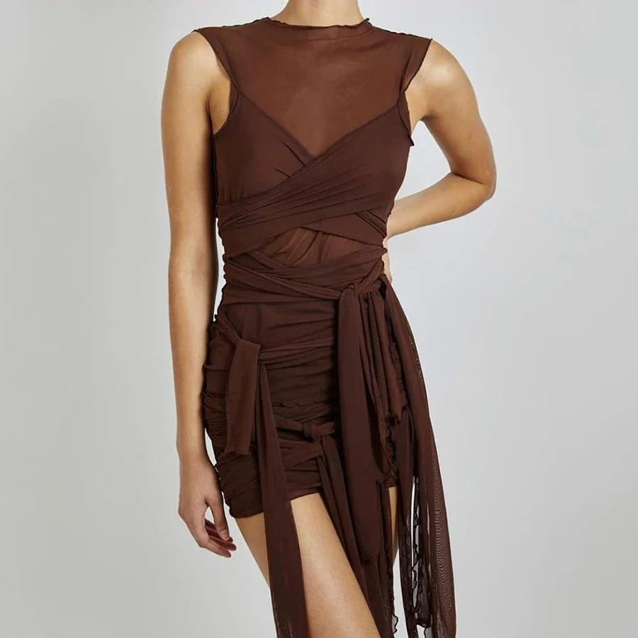 Sheer Mesh Wrap Tie Ribbon Mini Dress