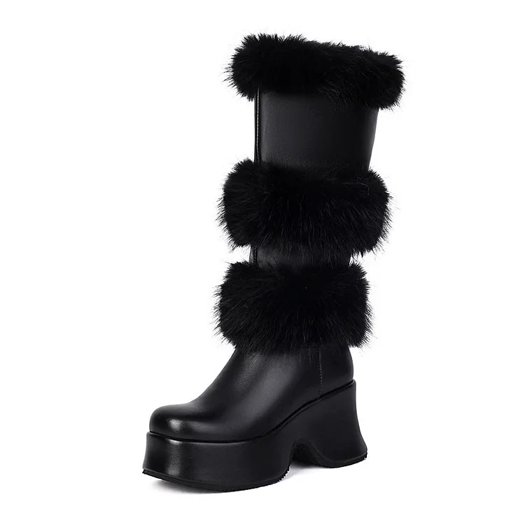 Solid Color Fluffy Trim Round Toe Chunky Heel Platform Mid Calf Boots