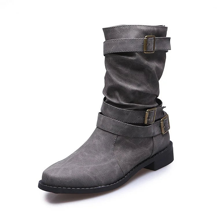 Einfarbige mittelhohe Stiefel mit mehreren Riemen und Schnallen im Patchwork-Stil und runder Zehenpartie