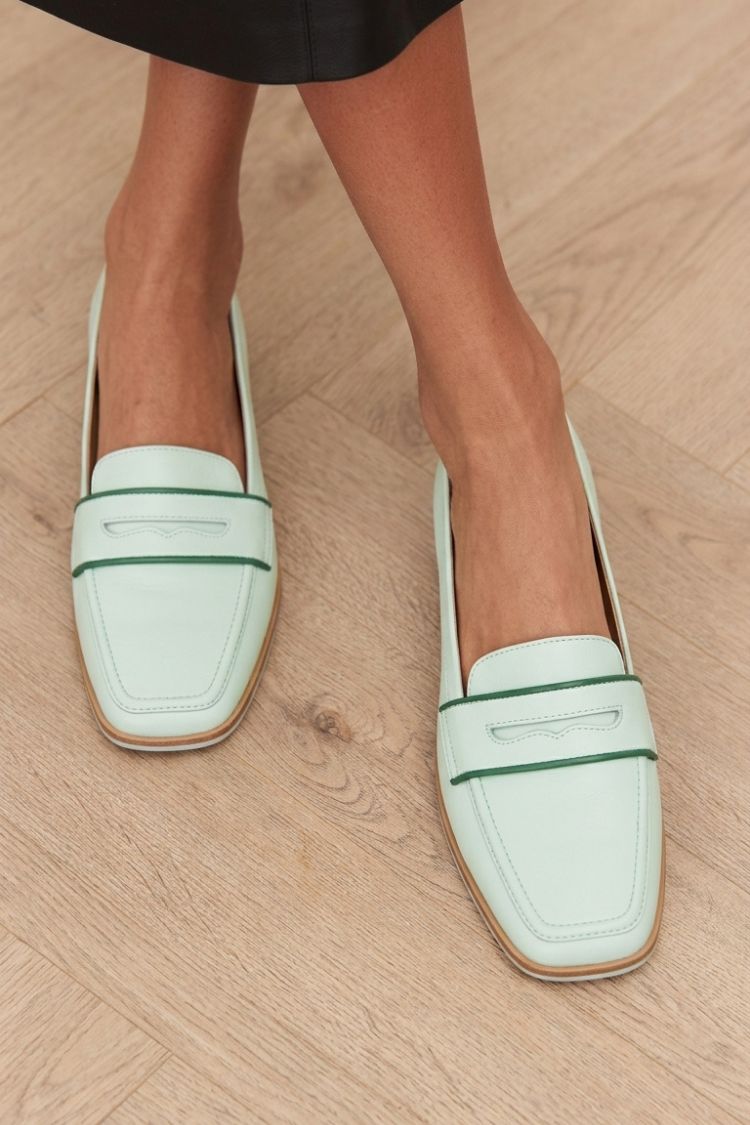 Minimalist Mint Green Contrast Trim Square Toe Loafers [Pre Order]