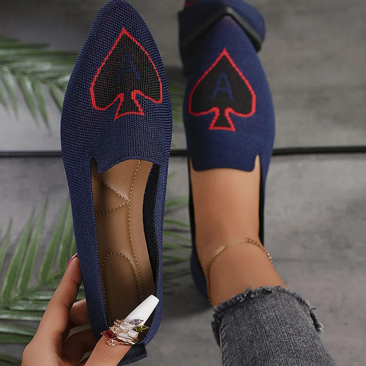 Spade A Print Pointed Toe Knitted Breathable Slip On Flats