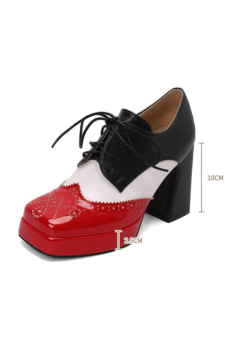 Scarpe con tacco grosso e plateau con lacci e punta quadrata in patchwork colorblock 