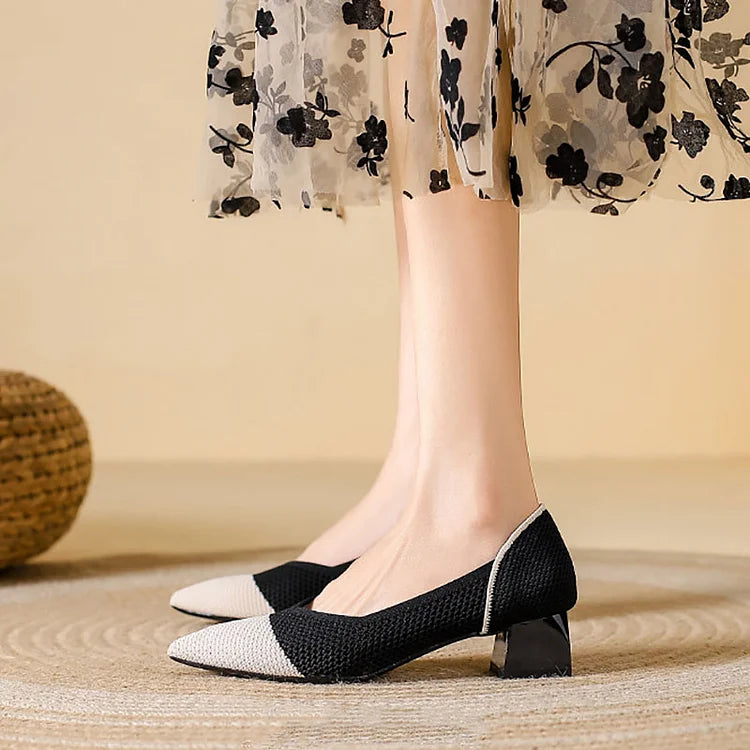 Knit Mesh Color Block Pointed Toe Elegant Chunky Heels