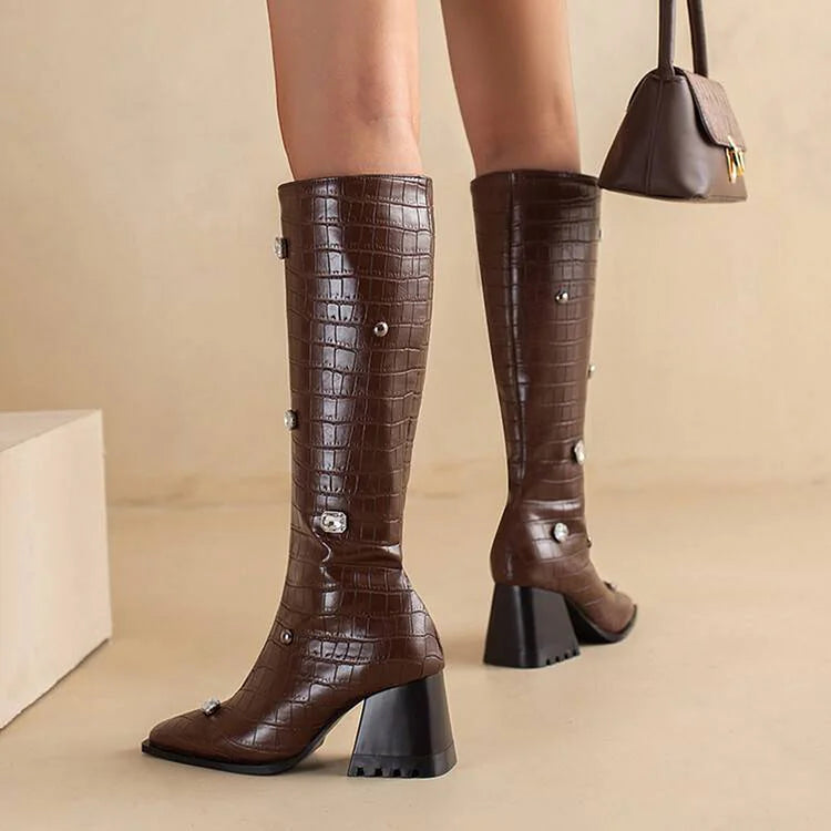 Snake Print Rhinestone Decor Pointed Toe Chunky Heel Knee High Boots