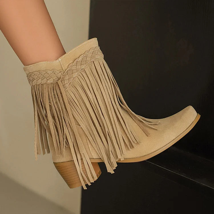 Pointed Toe Braided Fringed Trim Solid Color Chunky Heel Mid Boots