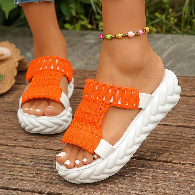 Colorblock Knitted Cutout Open Toe Casual Platform Slippers
