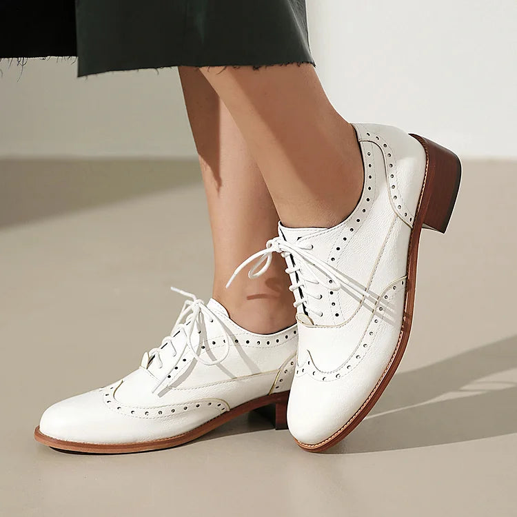 Patchwork Solid Color Round Toe Low Block Heel Lace Up Brogue Oxfords