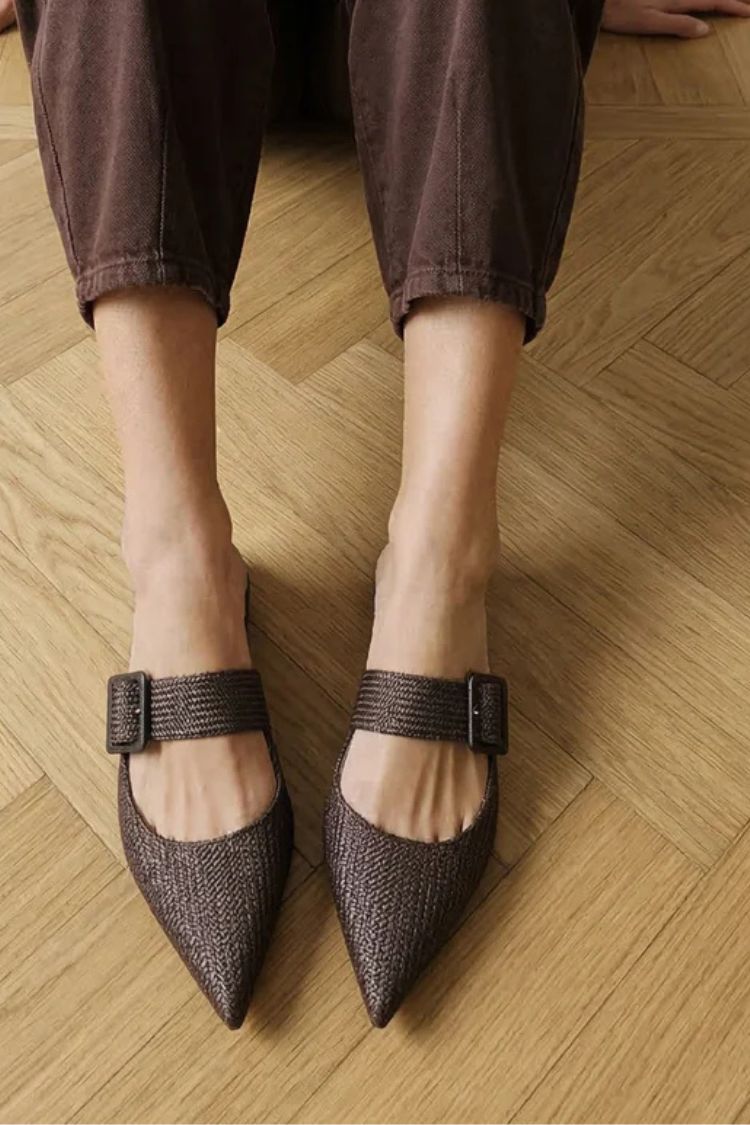 Vintage Dark Brown Woven Pointed Toe Buckle Strap Flat Mules [Pre Order]