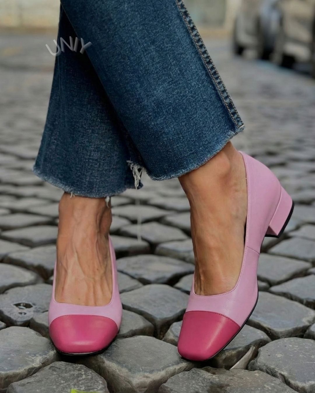 Roze kleurvlak PU-leer elegante blokhak pumps [Voorbestelling]