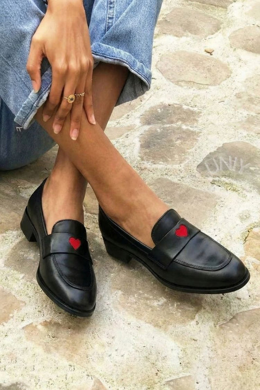 Classic Black Leather Heart Detail  Flat Casual Loafers [Pre Order]