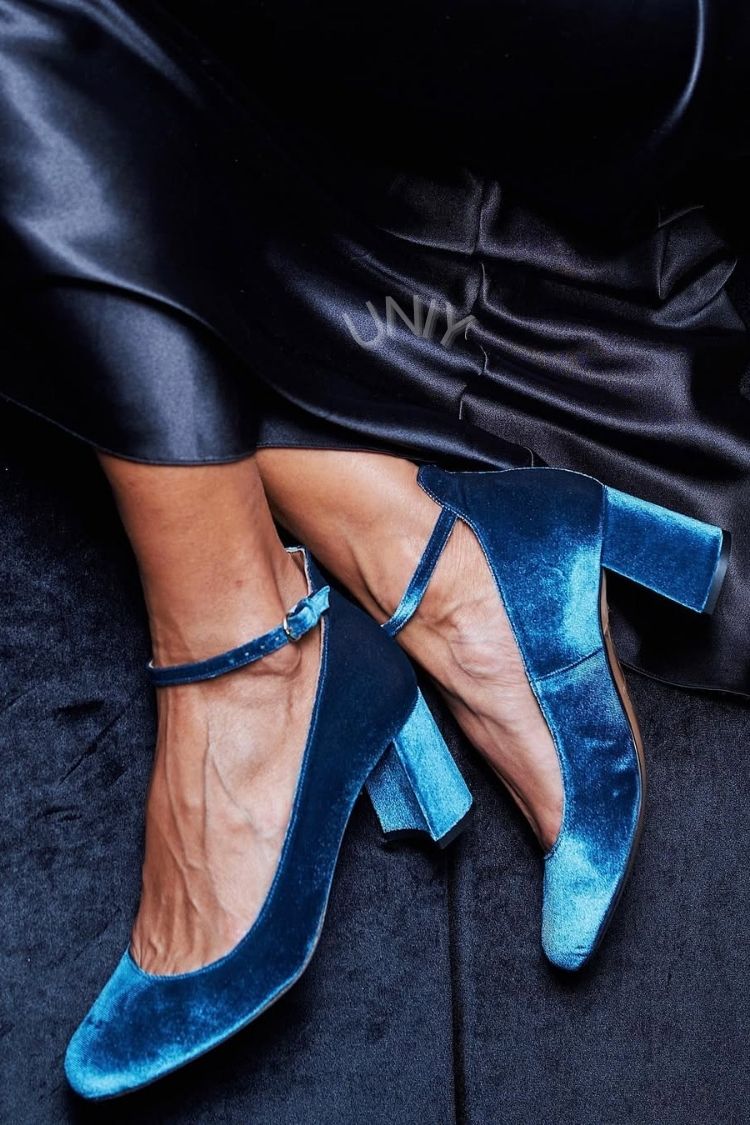 Retro Peacock Blue Velvet Ankle Strap Block Heels [Pre Order]