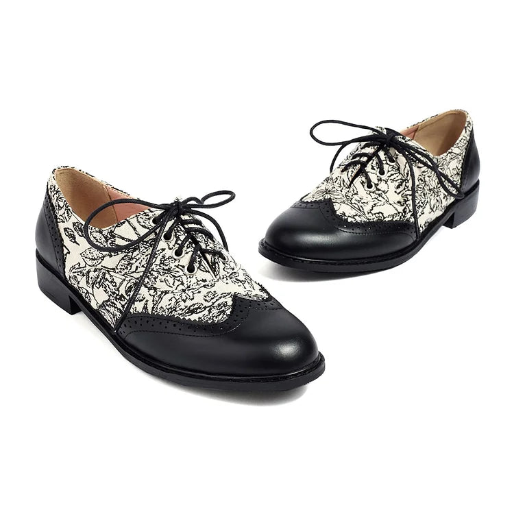 Floral Pattern Canvas Patchwork Lace Up Round Toe Casual Oxfords
