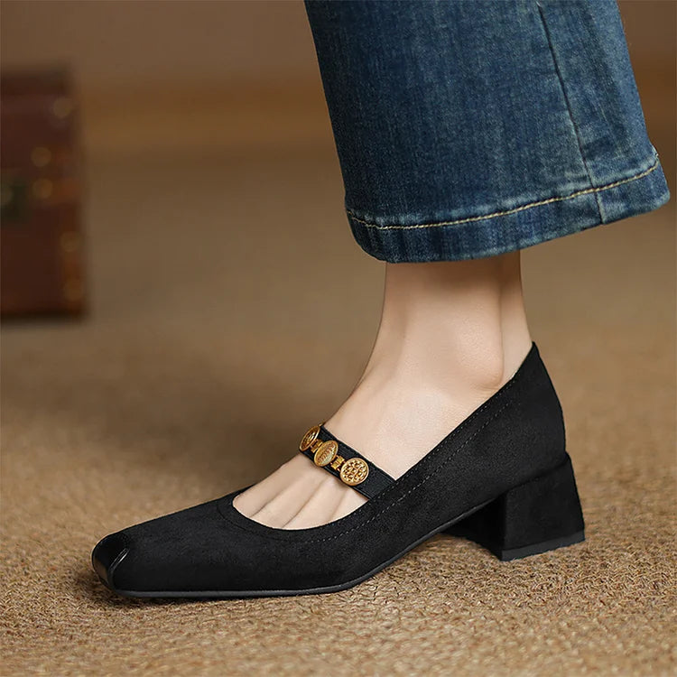 Catena con moneta in metallo, cinturino sul collo del piede, patchwork, punta quadrata, tacco spesso