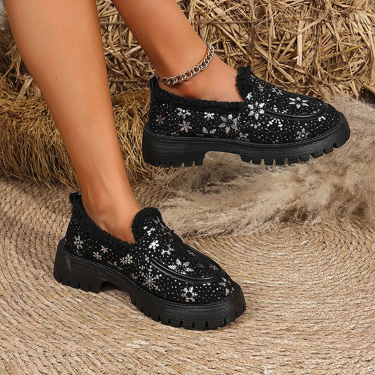 Christmas Snowflake Print Faux Fur Lined Round Toe Low Block Heel Loafers