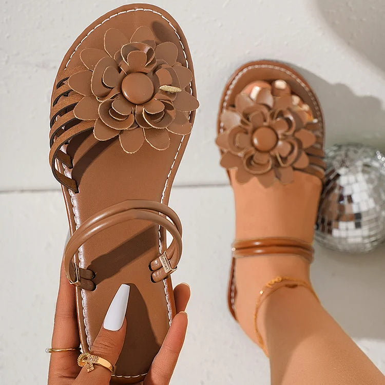 Sandalias casuales con tiras ahuecadas y diamantes de imitación de flores 3D lisas 