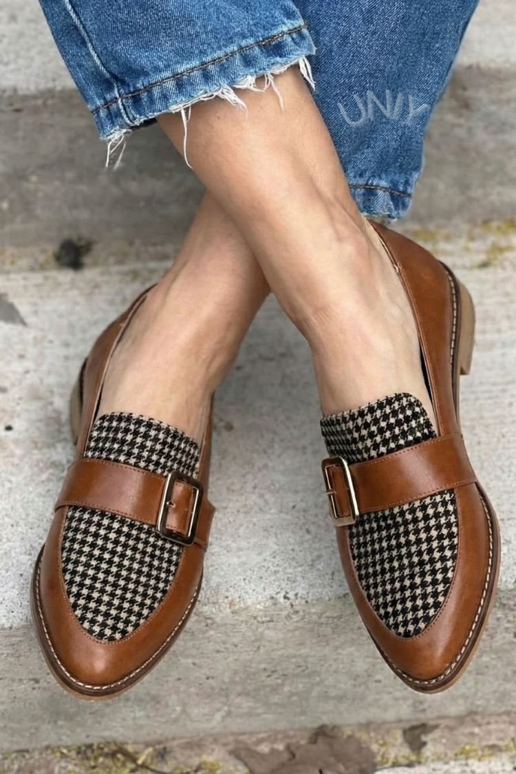 Bruine leren pied-de-poule gespdetail instap loafers [Pre Order]