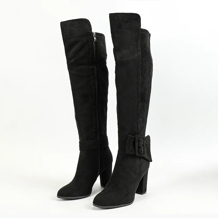 Irregular Edge Buckle Solid Color Pointed Toe Chunky Heel Knee High Boots