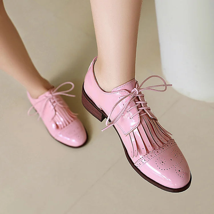 Oxfords z okrągłym noskiem, sznurowane, z ozdobnym frędzlem w jednolitym kolorze