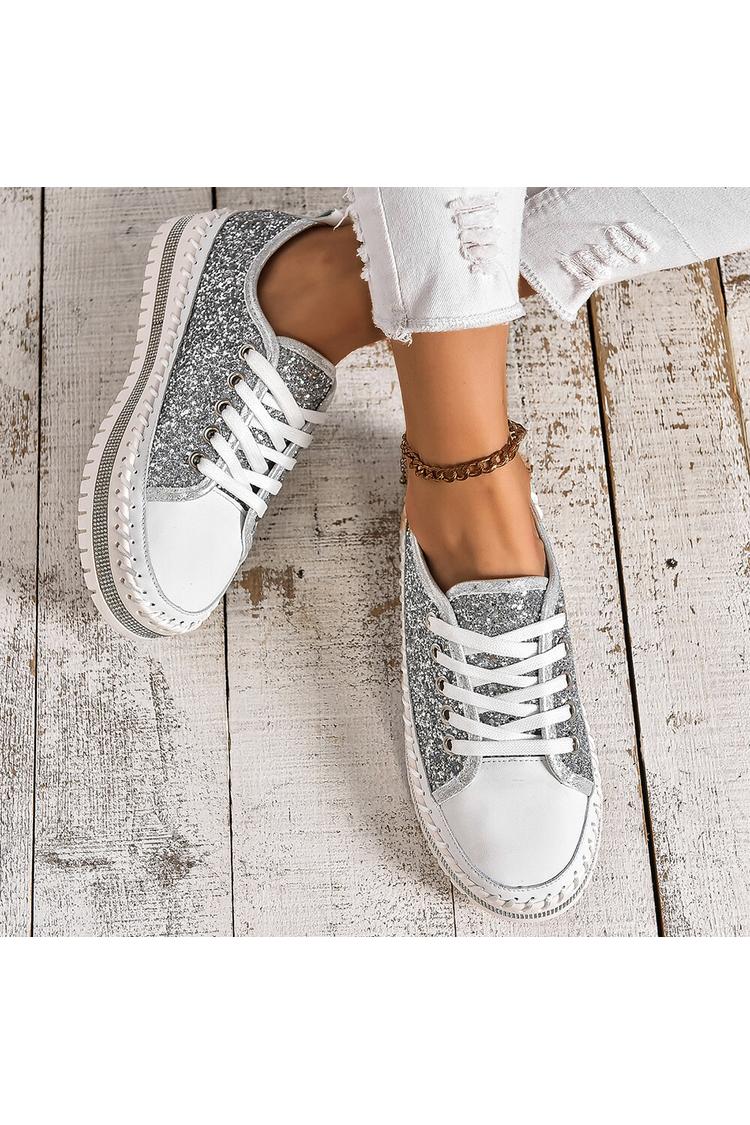 Sneakers casual con lacci e punta tonda con patchwork scintillante e dettagli cuciti 