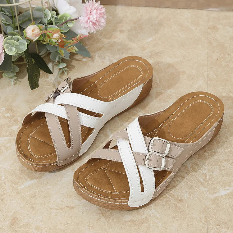 Colorblock Cross Straps Buckles Round Toe Casual Wedge Slippers